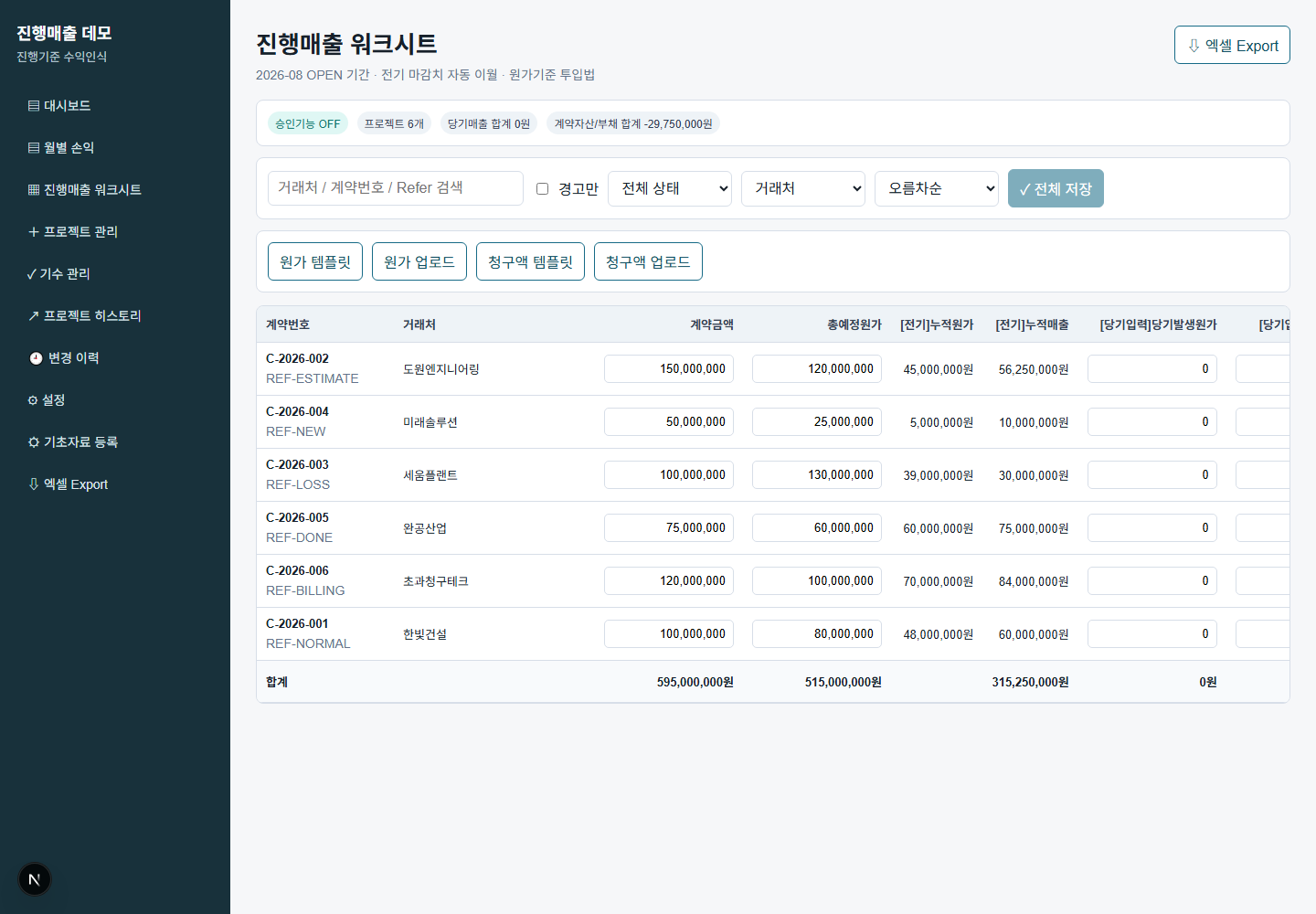 진행매출 워크시트: 전기 이월값과 당기발생원가 입력, 진행률·당기매출 자동 계산