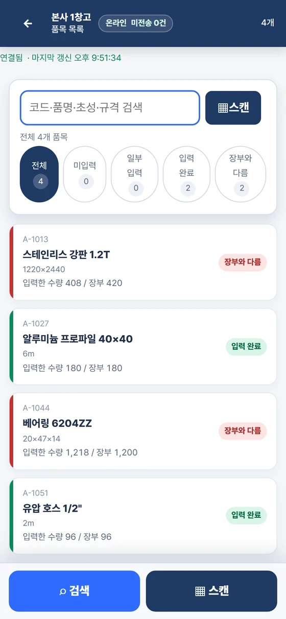 창고 안 품목을 차례로 열어 수량을 적습니다