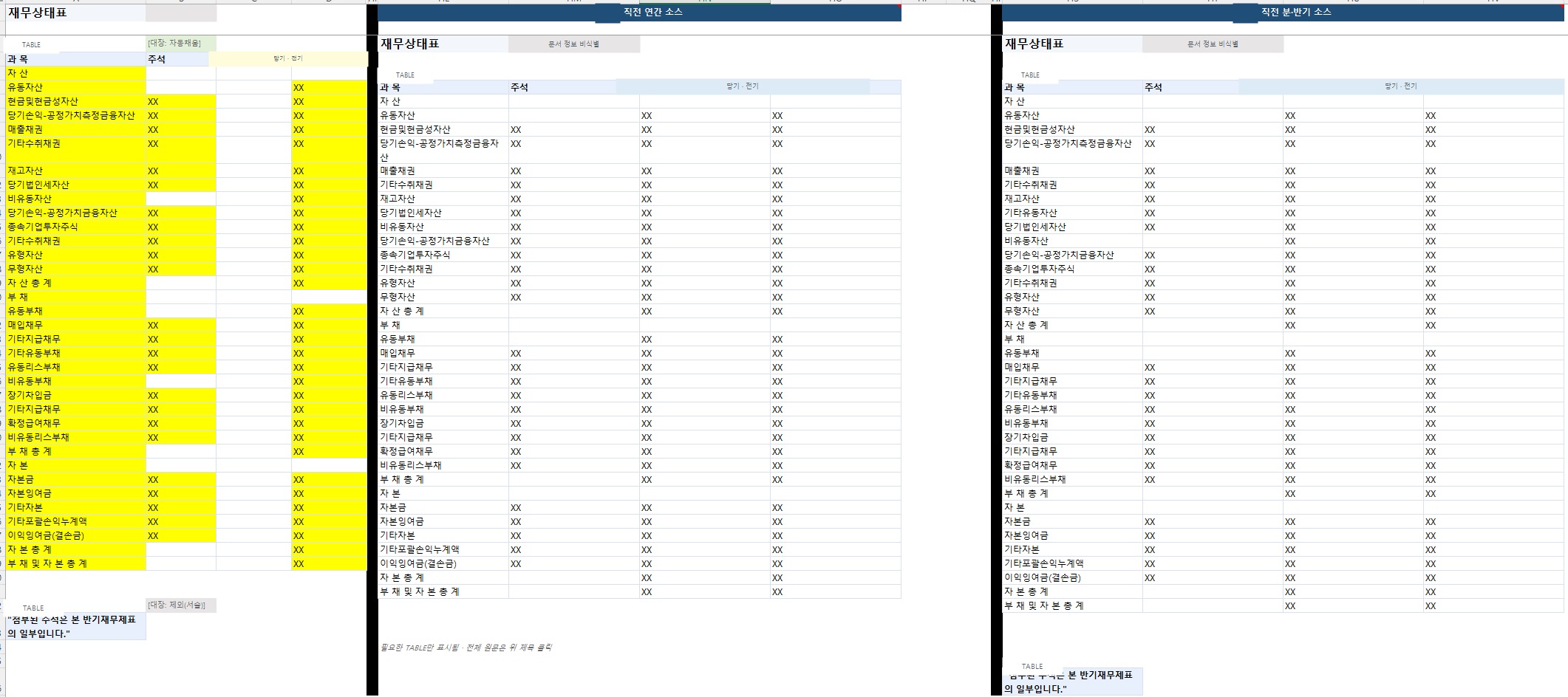 DSD Manager에서 재무제표 원본과 이월 대상 및 결과를 나란히 확인하는 실제 Excel 화면