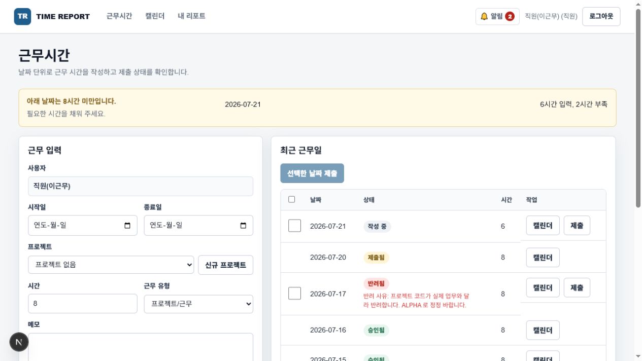 TIME REPORT에서 근무시간을 입력하고 제출 상태를 확인하는 실제 화면